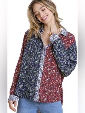 Umgee Mixed Floral Print Button Down Blouse Size 1X